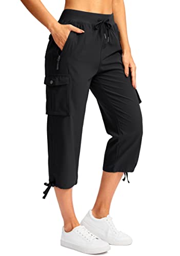 Lightweight Women's Cargo Capris Pants - 6 Pockets, Quick Dry, Large Black