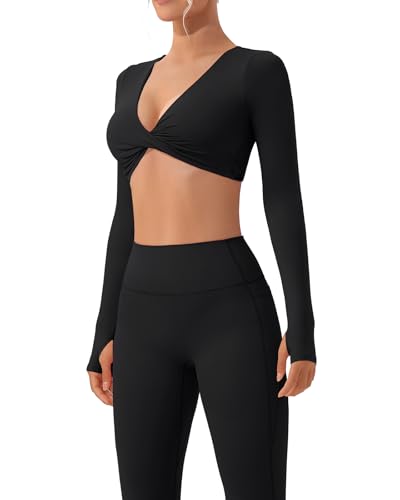 SUUKSESS Women 2-Piece Workout Set with Padded Twist Deep V Crop Top - Small / Black