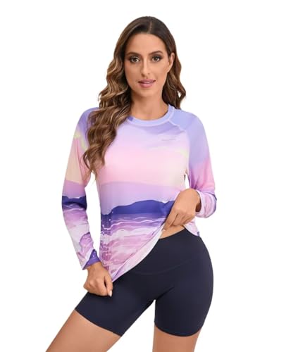 Women's Rash Guard UPF 50+ Long Sleeve Swim Shirt - Large Purple Ocean