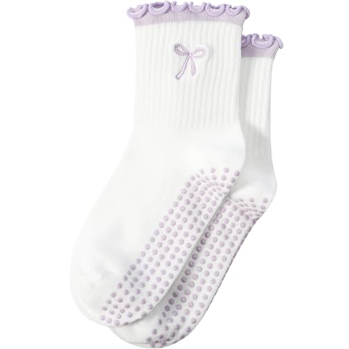 Nonslip Yoga Grip Socks for Women - Purple Bow