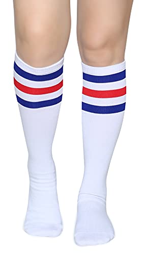 Soft Cotton Knee High Tube Socks - Blue/Red/White - One Size