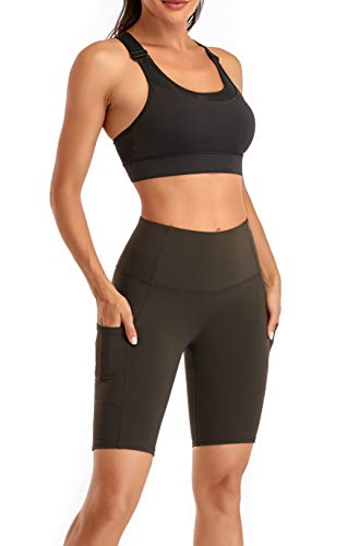 Women's Dark Olive Yoga Shorts with Side Pockets - Medium