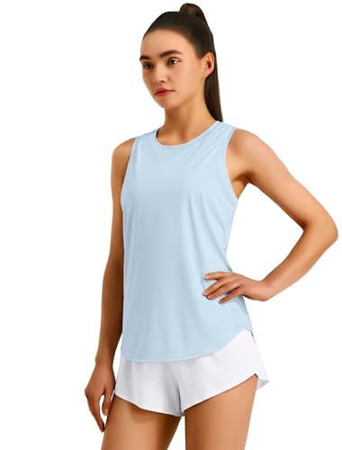 Hugut Women's Lightweight High Neck Racerback Athletic Tank Top - Medium Blue Linen