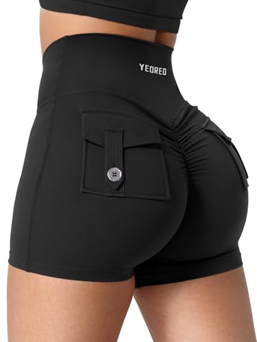 YEOREO CoreFlex Women Scrunch Workout Shorts with Pockets 3.6/4.5 inch Inseams – Black, Medium