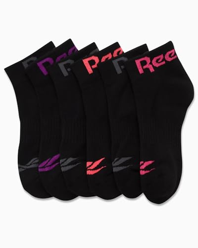 Reebok Womens Quarter Socks 6-Pack All Black Moisture-Wicking Cushioned Ankle Socks