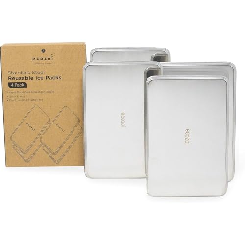 ecoZoi Rectangle Stainless Steel Lunch Chillers - 4 Pack Slim Ice Packs for Lunch Boxes & Coolers