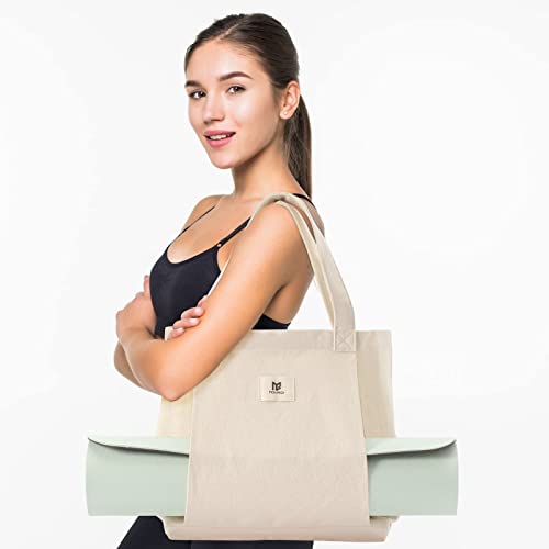 Canvas Tote Bag with Yoga Mat Carrier - Beige