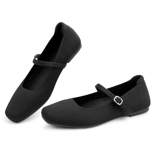 NIEARDAN Women's Ballet Flats 6.5 Black Square Toe Slip-On Shoes Casual Dress