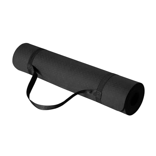 TPE Exercise Yoga Mat - 1/4 Inch Thick with Carrying Strap - Black