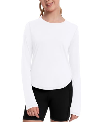 Runhit Girls UPF 50+ Rash Guard Long Sleeve Sun Protection Shirt 11-12 Years White