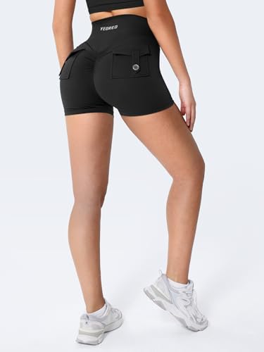 YEOREO CoreFlex Women Scrunch Workout Shorts with Pockets 3.6/4.5 inch Inseams – Black, Medium