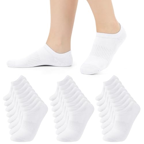 Cooraby 12 Pairs Kids Boys Girls No Show Athletic Mesh Running Socks - White, 9-12 Years