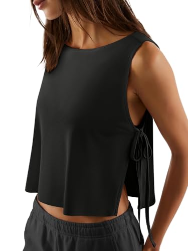 Women's Sleeveless Workout Tank Top with Side Tie - Black, Small