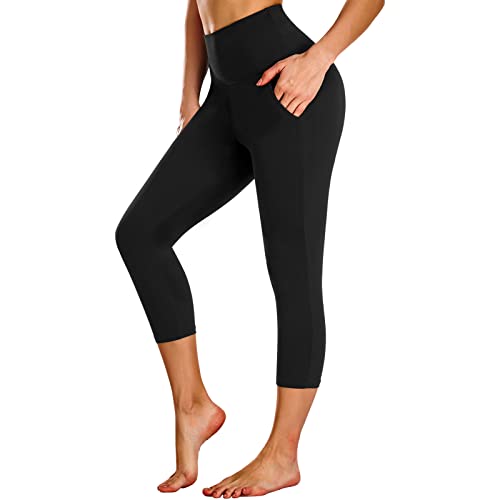 High Waisted Capri Leggings with Pockets for Women - Black, Large/X-Large