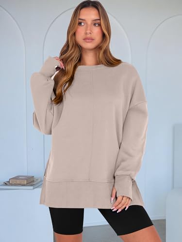 ANRABESS Women's Oversized Sweatshirt with Thumbholes - Fall Outfit, Medium Light Khaki