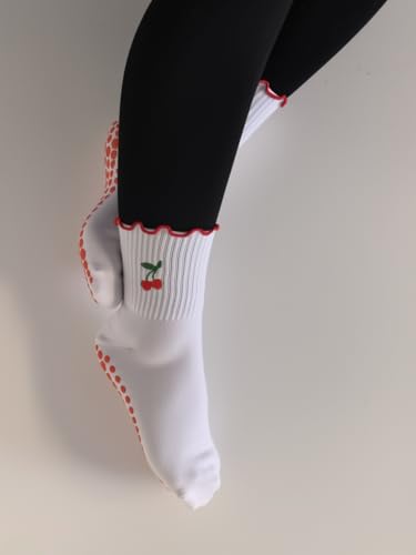 Non-Slip Ruffle Pilates Socks for Women - Red Cherry