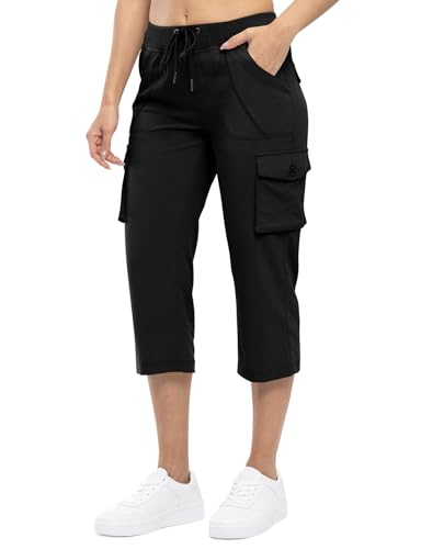 TBMPOY Womens Cargo Capris - Large Black Quick-Dry Hiking Pants, 6-Pocket