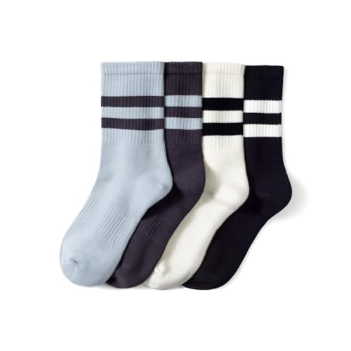 Women's Breathable Cotton Crew Socks 4 Pairs - Black, White, Grey, Blue