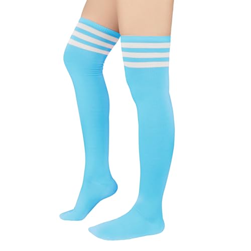 Thigh High Socks for Women - Extra Long Striped Stockings - Sky Blue