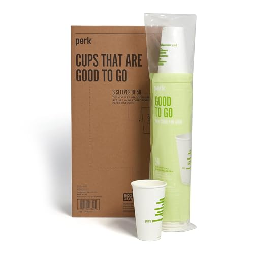 Perk 16oz Compostable Paper Hot Cups - 300 Pack, White/Green Disposable Coffee Cups