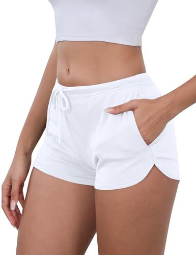 IECCP White Small Sweat Shorts Women – Low Rise Drawstring Pockets 2-in-1