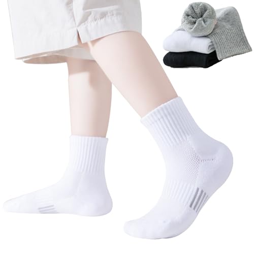 Boys Athletic Socks - Half Cushion Crew Cotton Socks for Kids, 7-10 Years - White, 4 Pack