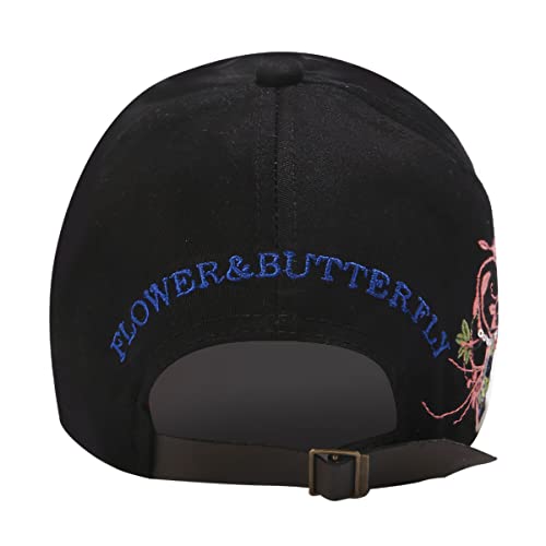 Women’s Adjustable Embroidery Butterfly Baseball Cap with Flower Print - Black, One Size