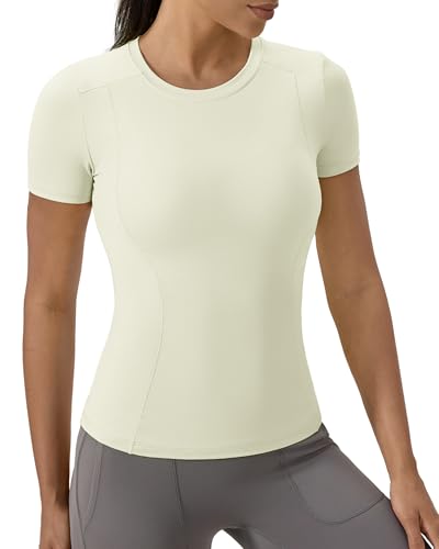 Slim Fitted Workout Tops for Women - Compression Tee - Almond White, XX-Large