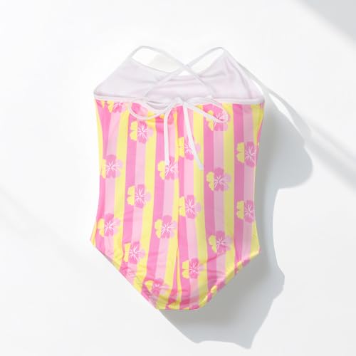 Girls One-Piece Swimsuit - Tropical Print, Quick-Drying - Pink/Yellow