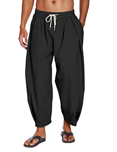 COOFANDY Medium Black Cotton Linen Harem Pants with Pockets - Casual Cropped Trousers for Men
