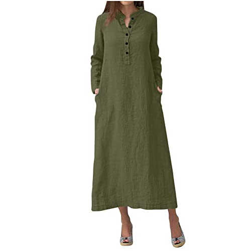 Maxi Long Dress for Women - Cotton Long Sleeve Kaftan - Army Green, Large