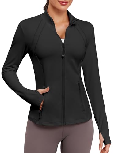 Women’s Fitted Athletic Jacket - Black Small | Zip Up Track Coat with Thumb Holes & Pockets