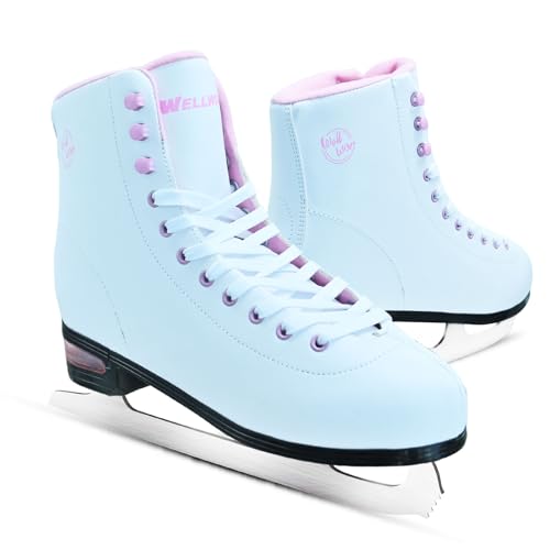 WELLWON Women's Ice Skates with Air Cushion, Classic White Figure Skating Shoes Size 5-10.5, Indoor & Outdoor Use