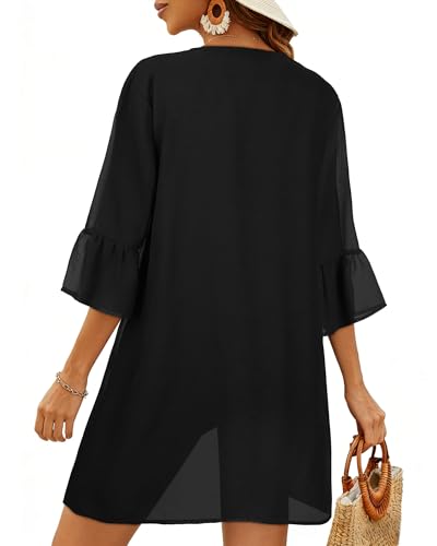 Women’s Summer Puff Sleeve Kimono Cardigan - Solid Black, Medium