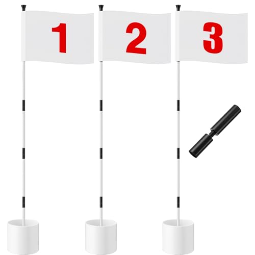 Burbell White 6ft Golf Flag Stick Set with 3 Nylon Flags and Hole Cups - Backyard Practice Accessories