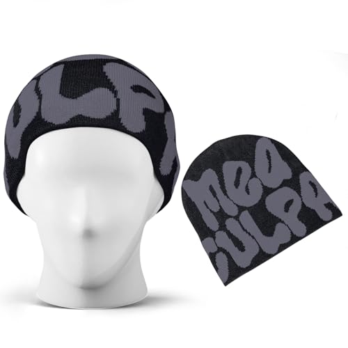 Y2K Knit Beanie Hat - MEA Culpa Graphic - Gray Blue & Black Gray