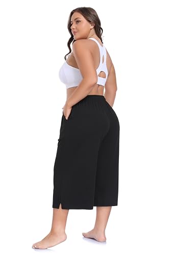 ZERDOCEAN Women's Plus Size Black Wide Leg Capri Pants - Loose Yoga Lounge with Pockets, 4X