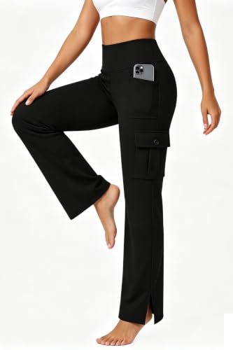 YepMoll Women's Medium Black Cargo Yoga Pants with Multi Pockets & Slit - Casual Trousers