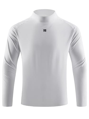 Mens Long Sleeve Turtleneck Workout Shirt - Moisture Wicking - White, Small