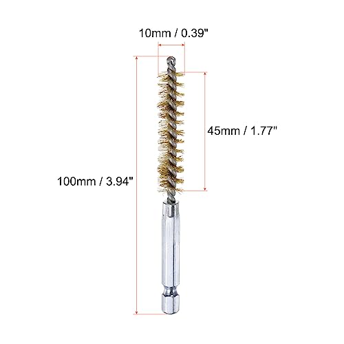 HARFINGTON 5Pcs Brass Bore Brush 10mm Dia 4" Long Cleaning Twisted Wire Brush with Handle 1/4" Hex Shank for Tubes, Ports, Bearings