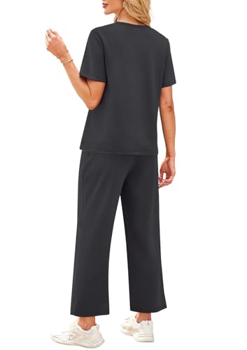 WIHOLL Women's Casual Summer Travel Outfit Set - Medium Dark Grey, Short Sleeve & Wide Leg Crop Pants