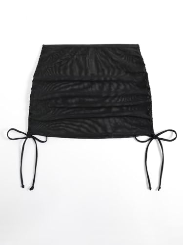 Women's Mesh Sheer Drawstring Summer Bikini Cover Up Skirt - Small Black