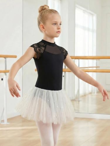 Girls Ballet & Gymnastics Leotard 2-Piece Sparkly Tutu & Lace Keyhole Back - Size 5-6 Years, Black | Funcemail