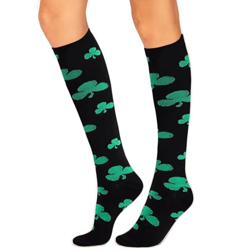 Women's Knee High Compression Socks - Shamrock Print - Large Black Green