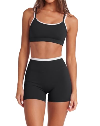 Workout Set - Layered Sports Bra & Biker Shorts - Medium Black