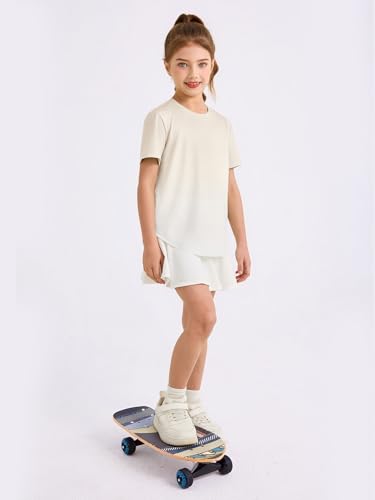Girls Gradient Athletic Shirt - Short Sleeve Quick Dry Tee, Beige, 7-8 Years