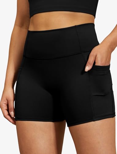 High Waisted Biker Shorts for Women - Medium Black - Tummy Control Yoga Compression with Pockets