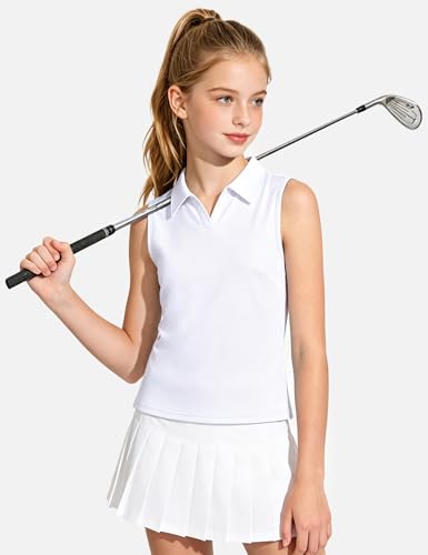 Girls Sleeveless Polo Shirt - Quick Dry Golf Tennis Top, 11-12 Years, White
