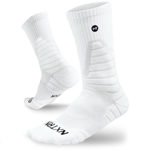 NXTRND Large White Compression Sports Crew Socks for Men - Athletic Cushion Socks for Basketball, Football & Running
