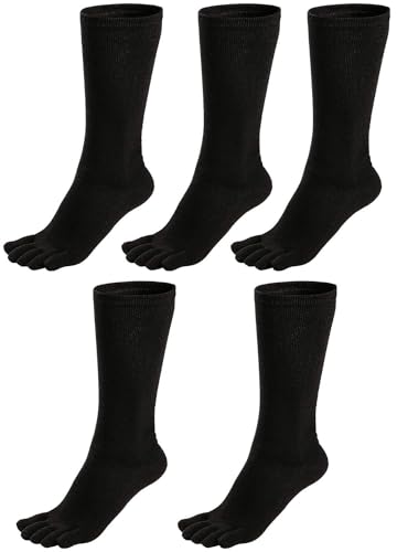 ZAKASA Toe Socks for Men – Crew Five-Finger Athletic Running Socks, 11-13 / Black, 5 Pairs